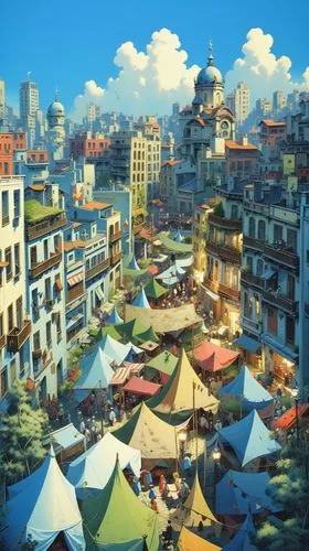 wandering city, tents, hundreds of people, walking trough the city streets, big city in background1,hippy market,large market,the market,market,shanghai disney,chinese background,world digital paintin