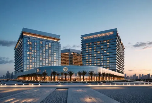 two large skyscrs with windows at dusk,international towers,glass facade,urban towers,crown palace,renaissance tower,penthouses,emirates palace hotel,office buildings,headquarter,hotel riviera,interco