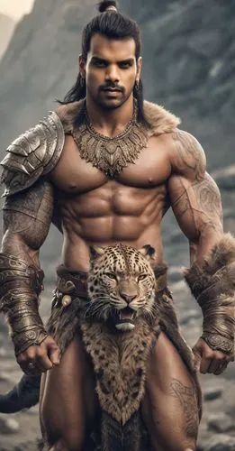 rugged looking muscular barbarian fighting reptilian leopard hybrid,man with an animal in his right arm,barbarian,forsworn,herculean,male character,grog,warlord,loincloth,ogre,thrall,warrior east,stro