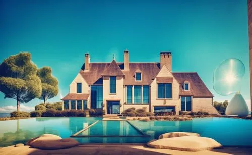 glass bricks tiles garden sunlight blue sky landscape people lake trees,a large home with an in the center of it, surrounded by stone steps and trees,house by the water,pool house,house silhouette,hom
