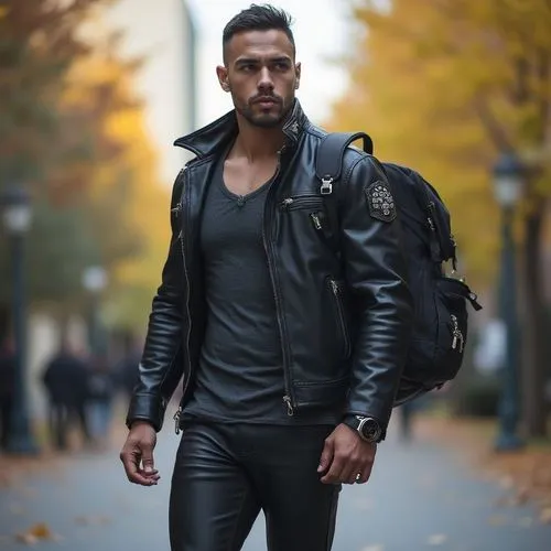 an insanely handsome muscular college professor, who is an immortal werewolf, wearing leather jacket, tank top, and leather pants, on campus, wearing smartwatch, boots, backpack






















