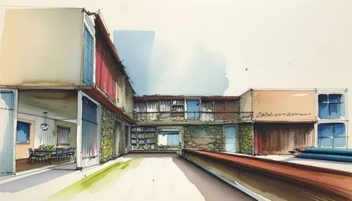 a drawing of an exterior courtyard with tables, windows and a book shelf,watercolor shops,half-timbered houses,narrow street,townscape,watercolor paris balcony,watercolor tea shop,watercolours,staithe
