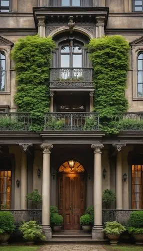 Georgian period architecture, grand estate, symmetrical facade, ornate stone carvings, intricate wooden doorways, multi-paned windows, balconies with iron railings, steeply pitched roofs, chimney stac