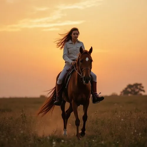A teenage girl riding a horse in a wide-open meadow at sunset, her hair flowing in the wind. She’s wearing a riding outfit and boots, guiding the horse with calm confidence. The sky glows with warm or