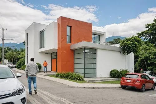 A photo-realistic rendering of a modern two-story building with a combination of white and orange colors. the building has a rectangular shape with a flat roof and large windows on both sides. The ext
