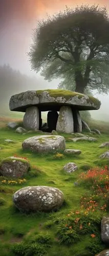 Ancient dolmen, mysterious stone structure, rural landscape, green grass, wildflowers, misty atmosphere, foggy morning, ancient civilization, rough-hewn stones, massive boulders, intricately arranged 