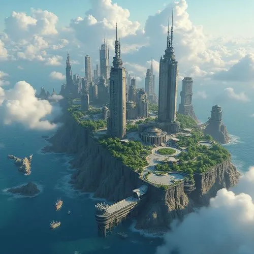 A showcase of the most impressive digital architectural models on a virtual cyberpunk island,a fantasy landscape is seen above the clouds in the sky,futuristic landscape,citadels,imperial shores,fanta