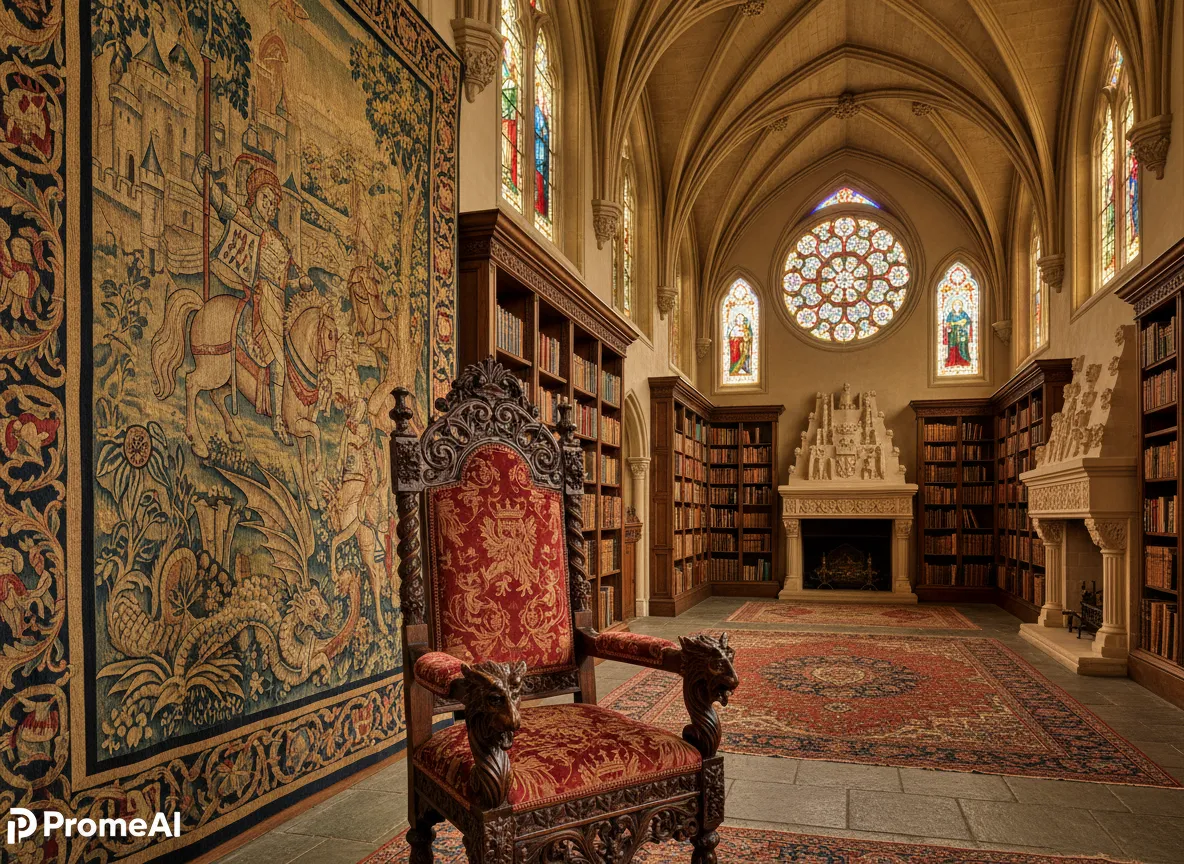 Un'immagine fotorealistica creata con PromeAI di una sedia in legno intagliato e sfarzosa e un pesante arazzo in un'ambientazione di biblioteca ispirata allo stile neogotico.