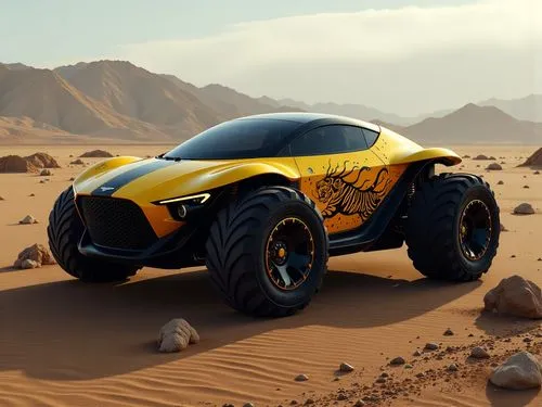  A futuristic type Austin martin  metallic big black mad max monster trucks style car, its body a bold, matte yellow and black fusion, tiger "mad" and flames painted over the door  that absorbs the li
