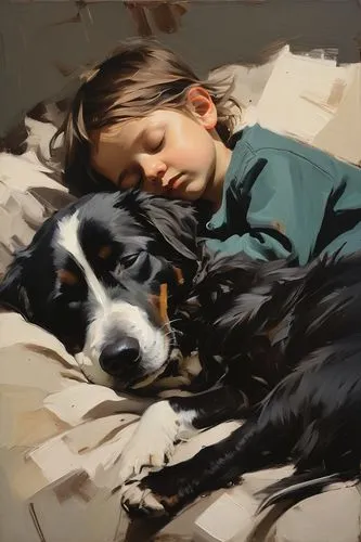 Loose, smudged, dark, abstract painting style of a child sleeping laying on his dog ,boy and dog,girl with dog,heatherley,companion dog,sargent,donsky,champney,photorealist,sleeping dog,little boy and