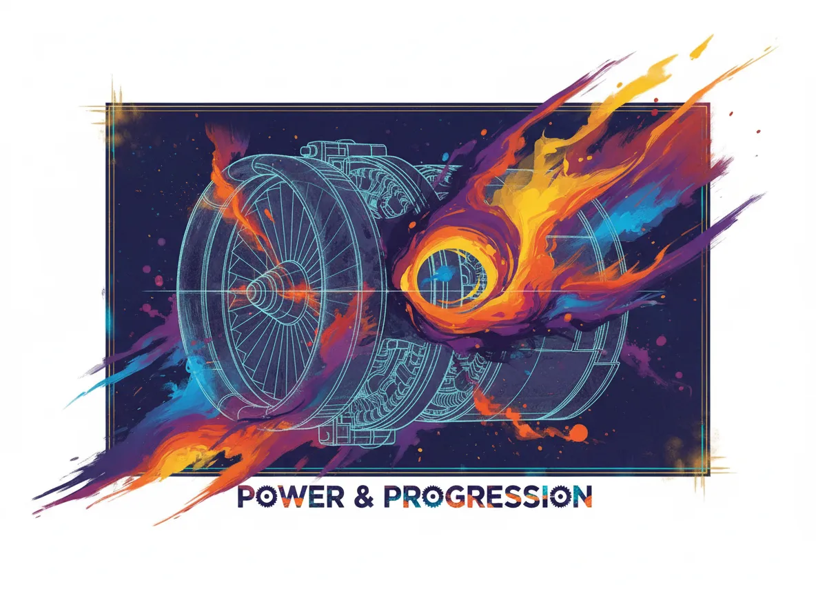 Ein künstlerisches Poster, das eine technische Zeichnung eines Düsentriebwerks mit abstrakten bunten Formen mischt und eine ausgewogene Komposition demonstriert.