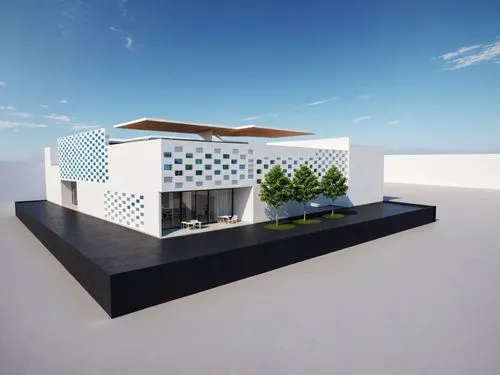 A 3D rendering of a modern, minimalist cultural center with a white exterior and a modified geometric pattern on the wall. The building is situated on a flat, black surface, with a clear blue sky in t
