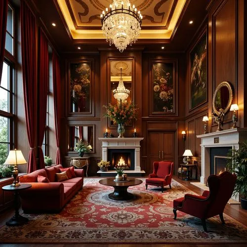 Luxurious velvet sofas, ornate wooden chairs, intricately carved tables, grandiose crystal chandeliers, richly patterned rugs, majestic stone fireplaces, opulent golden accents, lavish drapery, imposi