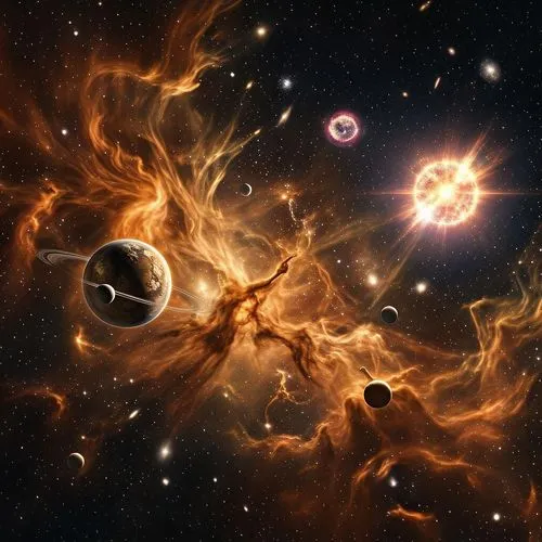 a matte orange astral nebula with planets and supernovas in the distance,pulsars,space art,supernovae,red spider nebula,novae,celestial bodies,supernova,cosmic flower,pulsates,quasar,nebular,astronomy