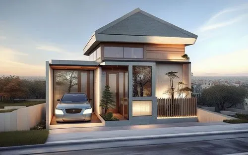 a modern house with glass doors and a car inside,modern house,cubic house,prefab,smart house,luxury real estate,luxury home,smart home,frame house,luxury property,modern architecture,residential house