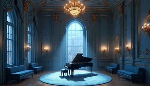 Powder blue music venue, luxurious interior design, solo grand piano, spotlight shining down, powder blue walls, ornate golden frames, velvet curtains, soft glowing chandeliers, polished wooden floors
