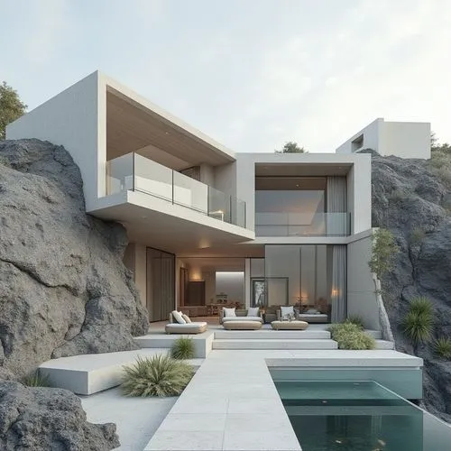 ,this is a modern residence located near a mountain,modern house,modern architecture,dunes house,house in mountains,house in the mountains,cliffside,3d rendering,luxury home,beautiful home,luxury pro