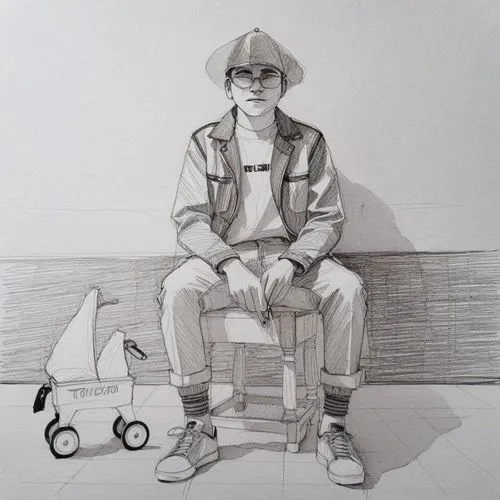 the person is sitting next to the child on the bench,man on a bench,schoolboy,pencil drawing,postman,farmer,radioman