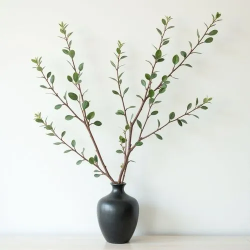 delicate elegant decorative branches with small green leaves ,on white wall,frontview, simple elegant  black stone vase
,this is a small vase with some nches in it,boxwood,decorative bush,a sprig of w