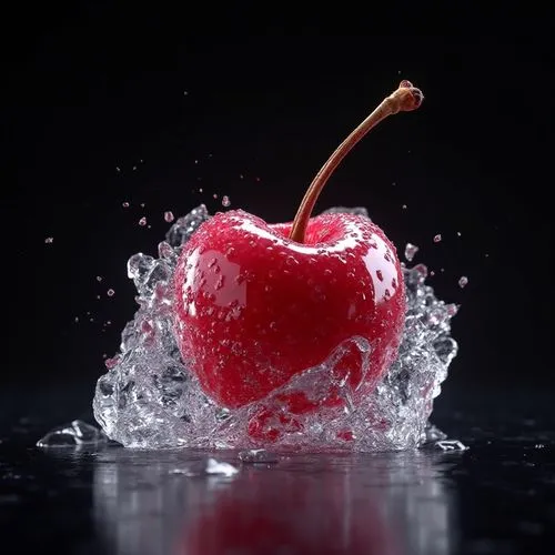 photorealism, cherry, in transparent ice, made of ice, extreme close-up, neon lighting, c4d, blender, black background, octane render, unreal render, volumetric lighting, GLSI, FXAA, super detailed, S