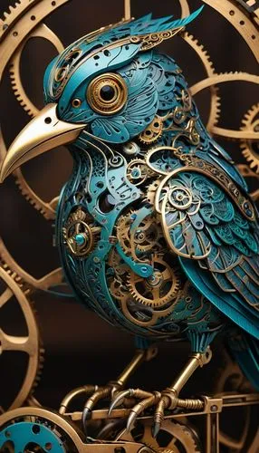 /imagine prompt: Highly intricate steampunk automaton bird, close-up illustration. Body constructed from dark blue/black metal intricately etched with filigree patterns. Head features a metallic turqu