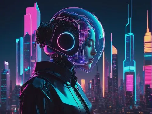 AI Art, futuristic digital illustration, vibrant neon colors, glowing circuits, robotic elements, abstract shapes, 3D visual effects, low-poly design, glitch art style, futuristic cityscape, skyscrape