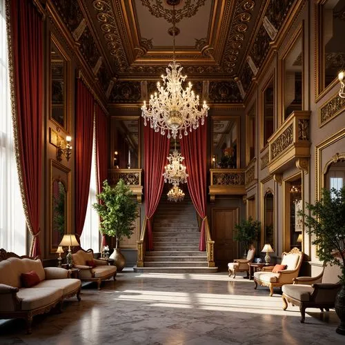 Intricate chandeliers, lavish furnishings, ornate mirrors, rich velvet drapes, luxurious marble floors, grand staircases, opulent crystal decorations, regal throne-like chairs, sumptuous silk fabrics,