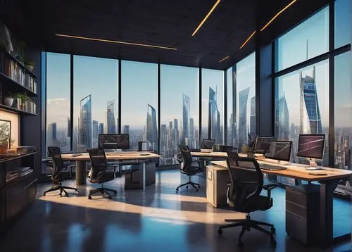 Modern skyscraper, futuristic, glass and steel structure, sleek lines, angular shapes, towering high-rise, cityscape background, bustling streets, neon lights, nighttime scene, low-angle shot, dramati
