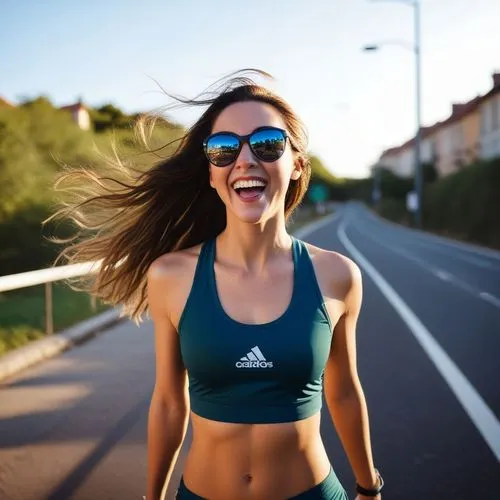 a smiling woman wearing sunglasses and running down the street,female runner,endorphins,free running,running,run uphill,jogged