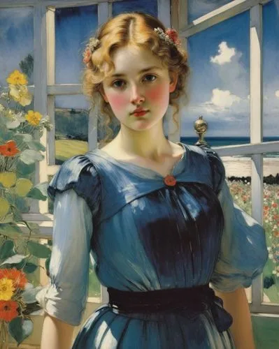 a painting of a girl standing in front of a window,girl in flowers,girl in the garden,girl picking flowers,blue rose near rail,portrait of a girl,holding flowers,the girl at the station,young woman,be