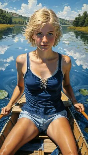 2000s young twen sitting in a rowing boat near the lakes edge. Looking straight at the camera. Short blonde hair in a college boy style. She is tanned and due to the 30c temperature, extremely hot. A 
