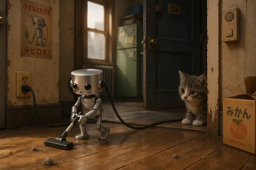 chibi robo in a old apartment, a kitten watching it
,an adorable robot cat sitting next to a silver cup,automatons,robots,stray,metal toys,rescue alley,robot,anthropomorphism,soft robot,two cats,game 