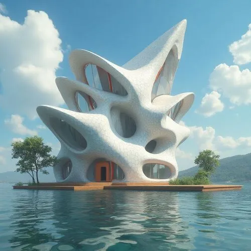 A detailed 3D render, an ethereal masterpiece of architectural marvel: An intricate white house with a red and white roof rises above a wooden platform. The blue sky, flanked by fluffy clouds, complem