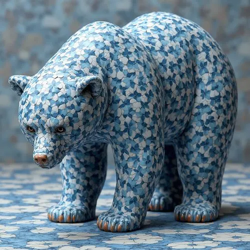 hyperrealistic bear Caldas da Rainha Azulejo Manufacture - Azulejo Art Deco,   by Luis Duarte,   Luis Duarte style,   Full body,   Element Earth,   blue and white shading,   Caldas da Rainha style,   