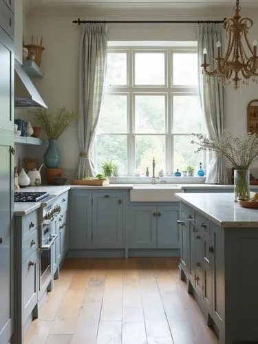 A serene indoor design emphasizing natural materials and a muted blue palette. The cabinetry in soft grey-blue tones is paired with rustic wooden flooring and a marble-textured island. A large window 