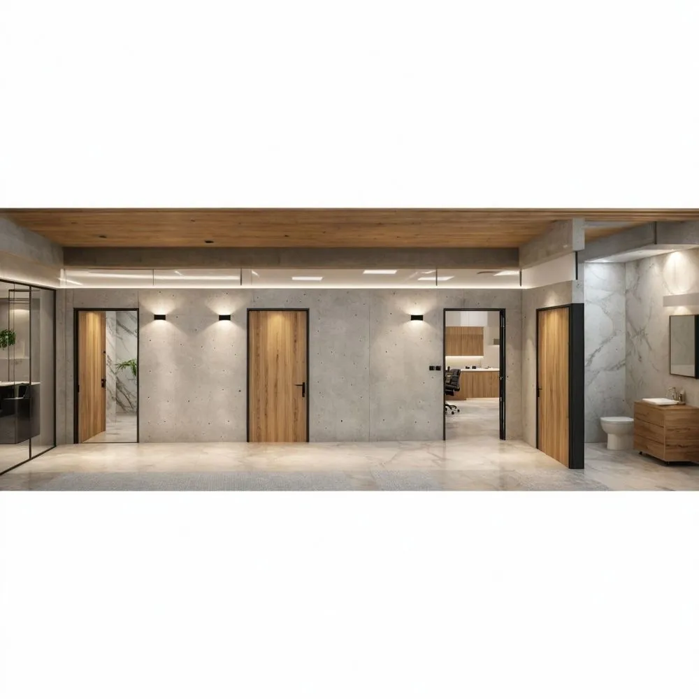 a modern bathroom with a tiled floor, toilet and vanity