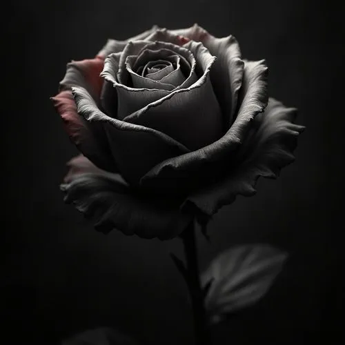 Create an artwork featuring a black and white rose, showcasing meticulous detail in the petals and adding a touch of elegance with subtle red accents on the edges. The background should be dark and mo