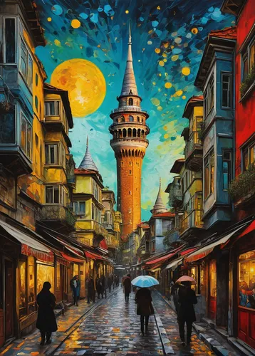 A fantastical cityscape (istanbul) where mythical creatures coexist with futuristic elements, a harmonious blend of the past and present and future, design in mind, galata tower, street view, impasto 