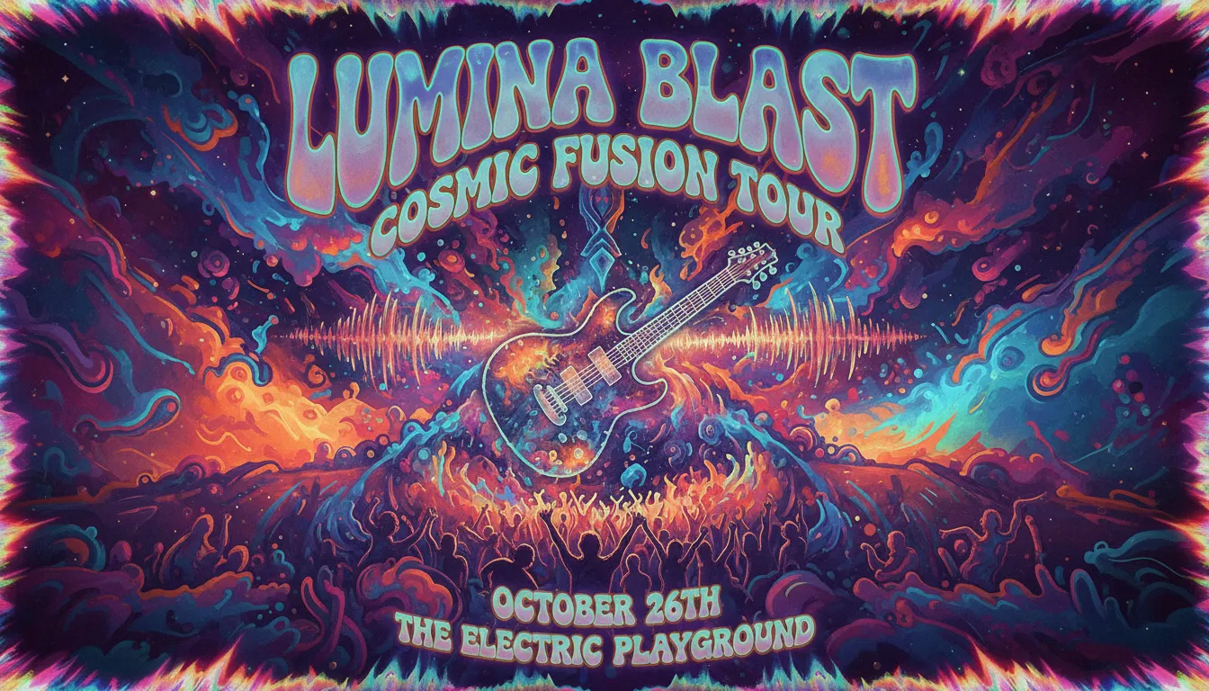 Una vivace locandina di un concerto psychedelic rock generata dall'IA con colori vorticosi, motivi astratti e una tipografia audace e distorta.