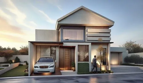 a modern house with two front rooms and a white car,modern house,cubic house,house shape,smart house,smart home,modern architecture,residential house,folding roof,render,prefab,cube house,wooden house