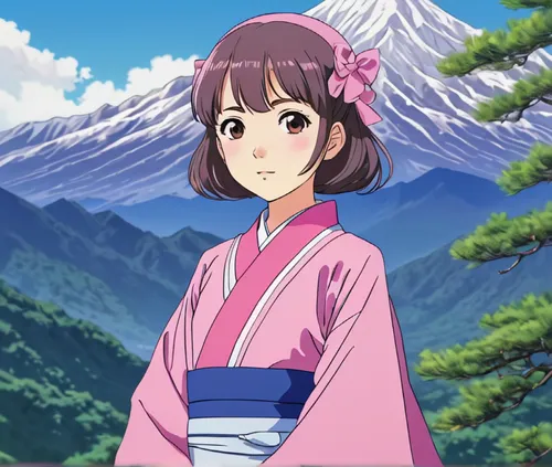 a pink anime girl standing in front of mountain, in the style of portrait, colorized, cartoonish innocence, animated film pioneer, shiny/glossy, traditional craftsmanship, mingei ,sakura background,ja
