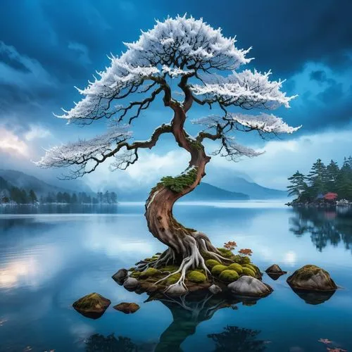 A detailed digital illustration of an ethereal stormy sky, with an ethereal, snow-covered landscape. The foreground is adorned with a  bonsai maple tree whose trunk reaches toward the dark water, whil