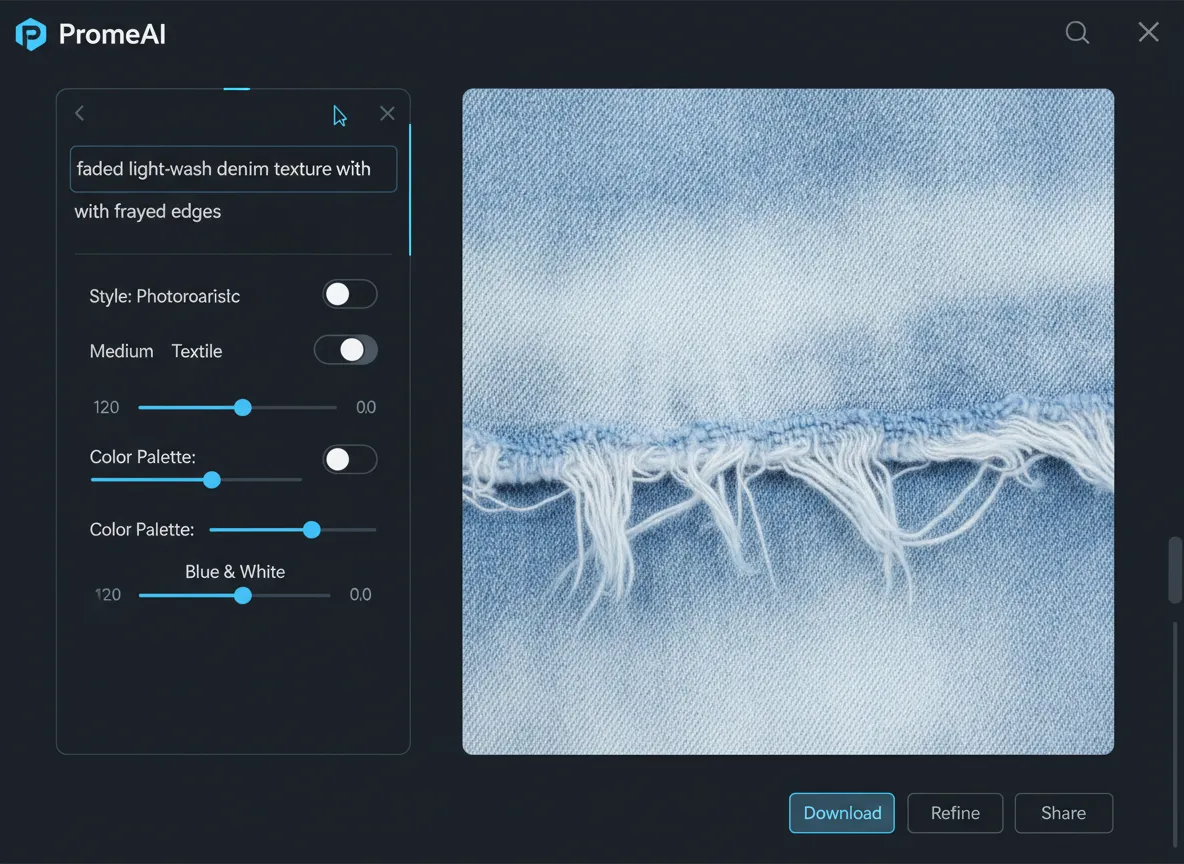 Eine Ansicht der PromeAI-Benutzeroberfläche, die zeigt, wie ein Benutzer den Prompt „verblasste helle Jeans-Textur mit ausgefransten Kanten“ eingibt und das resultierende Bild erscheint.