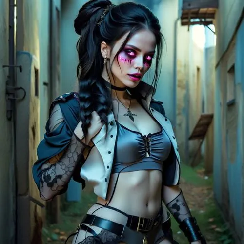 a woman in lingerie and face paint walking down the street,goth woman,jinx,huntress,body painting,cyberpunks,tattoo girl,alley cat,cyberpunk,punk,neon body painting,enchantress,bad girl,barb wire,vood