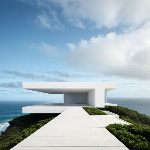 Fran Silvestre White minimalist architecture, design elements, rendering, Light Uspscaler at Finish tropical landscape puerto rico ocean views at horizon realistic architecture and views ,dunes house,