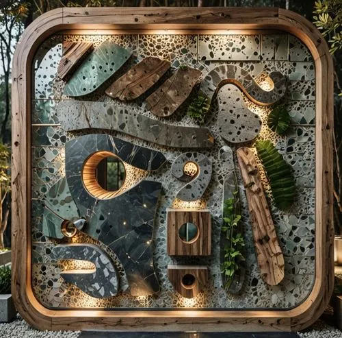 a close up of a decorative wall with lots of shapes and colors,coffee background,wood mirror,garden tools,music instruments on table,shop window,store window,wooden letters,terrarium,garden decor,wood