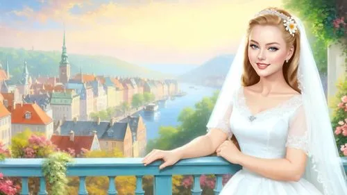 Romantic masterpiece oil painting, 1950's kitsch style, Copenhagen balcony cityscape, bridal veil, high res, by Thomas Kinkade, by Bob Ross,a woman posing for a picture in a wedding dress,blonde in we