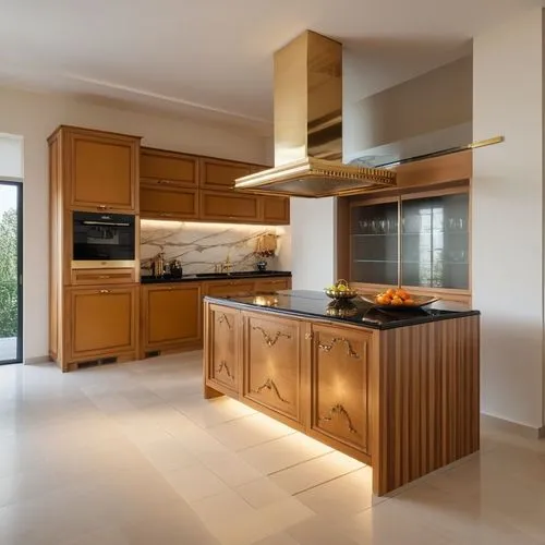Luxury kitchen featuring natural beech wood cabinetry, with the sink positioned between two countertop sections and surrounded by beech wood cabinets and storage units on both sides. Beautiful natural