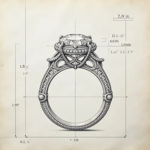 A technical drawing of an intricate engagement ring, featuring detailed designs and precise dimensions on the side panels, with clear annotations for precision in craftsmanship, The outlines should be