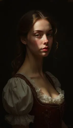 A dramatic portrait of a woman in the style of Rembrandt, illuminated by a single light source. Her face is softly lit, with rich shadows enhancing the textures of her skin, and the intricate details 